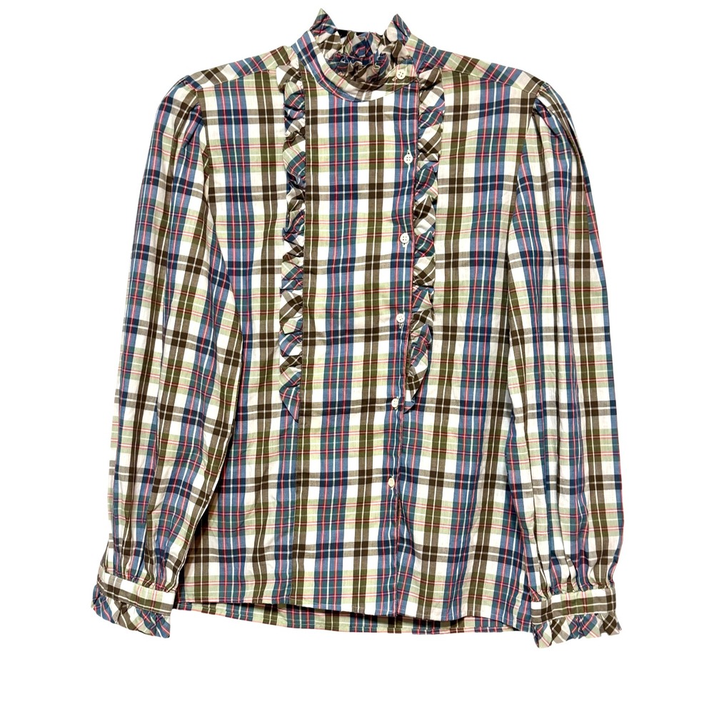 Vtg James Cox Victorian Cottagecore Ruffle Plaid Top Women M English Countryside